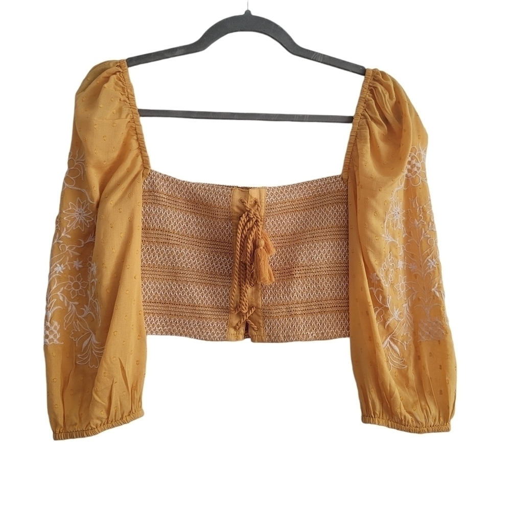 Forever 21 Yellow Embroidered Puff Sleeve Smocked Tie Front Crop Top Shirt
